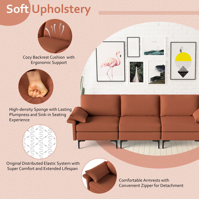 3-Seat Sectional Sofa with 2 USB Ports for 3-4 People Perfect for Modern Living Rooms image number 4