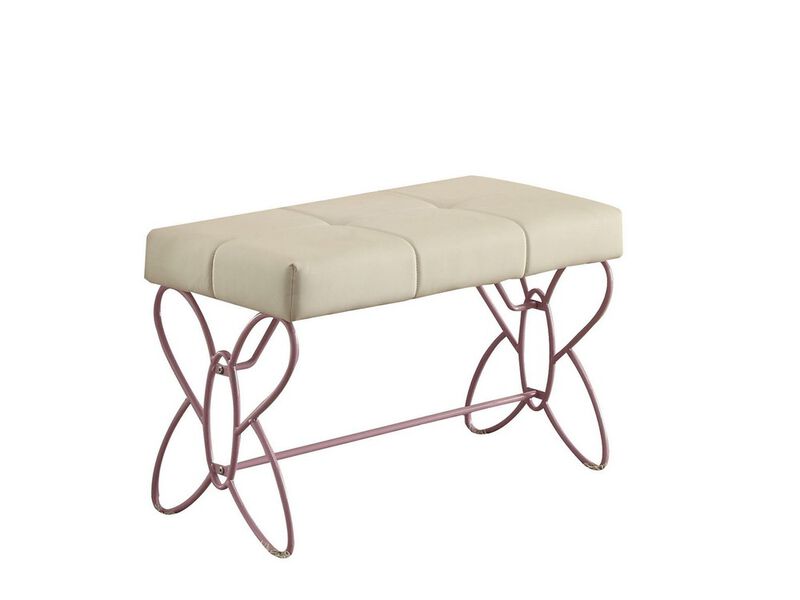 Metal Armless Bench with Butterfly Design, White and Purple - Benzara