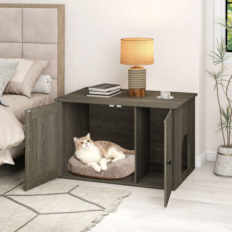 Hidden Cat Litter Box Furniture with Divider for Litter Box Enclosure-Oak image number 5