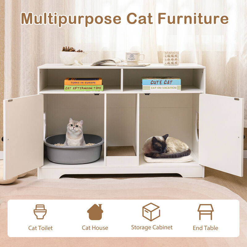 Hidden Cat Litter Box Enclosure with Storage and Double Rooms-White image number 7