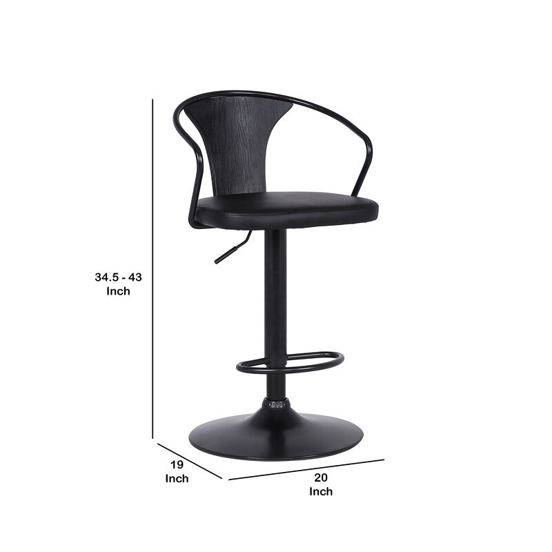 Adjustable Leatherette Swivel Barstool with Curved Back, Black - Benzara
