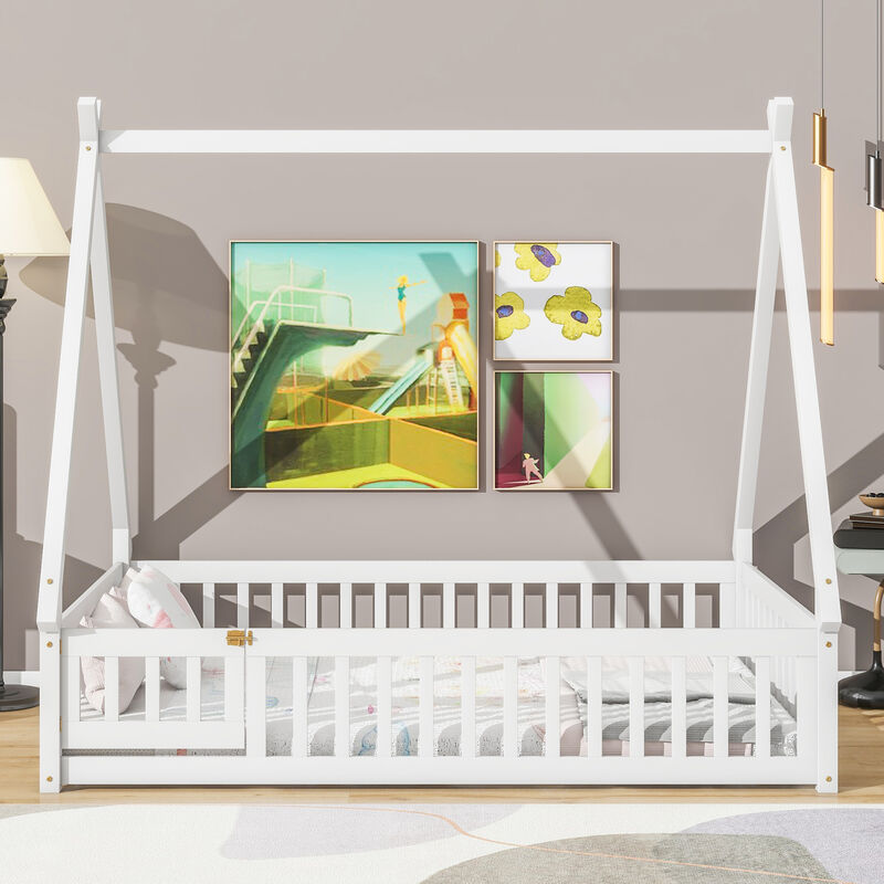 Tent-shaped Floor Bed, with Guardrails, Slats, Door