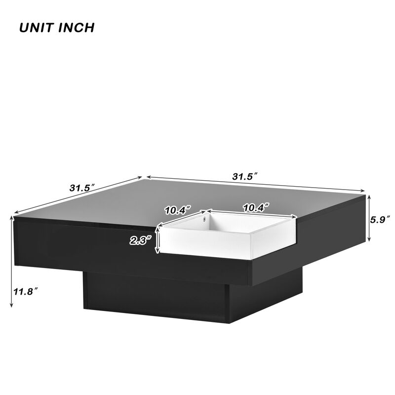 Modern Minimalist Design Square Coffee Table with Detachable Tray and Plug-in 16-color LED Strip Lights Remote Control