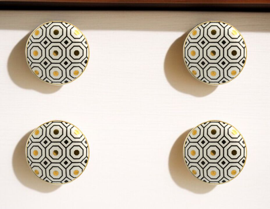 HomeRoots Set of Six Gold Silver And White Geometric Ceramic Drawer Pull Knobs