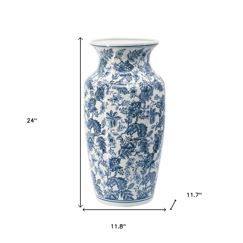 HomeRoots 24" Blue And White Chinoiserie Porcelain Urn Table Vase image number 6