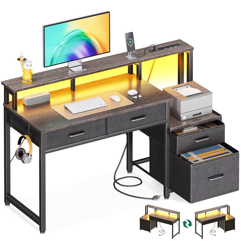 AODK 48-Inch Computer Desk with Fabric File Cabinet and Fabric Drawers, Reversible Office Desk with LED Strip and Power Strip, G