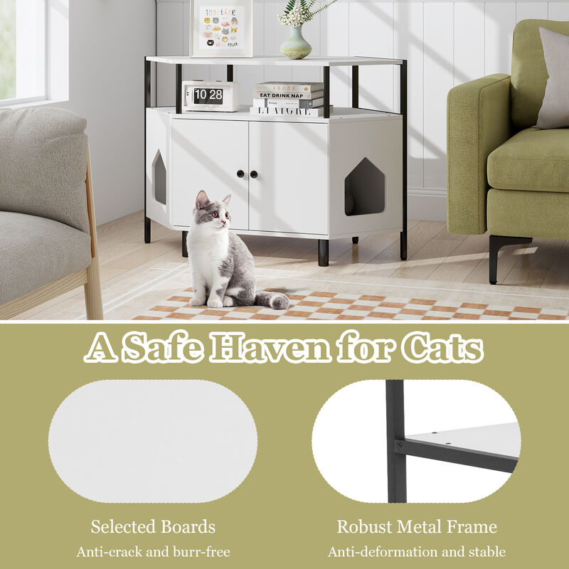 Corner Cat Litter Box Enclosure with Open Shelf 2 Entrances and Metal Legs