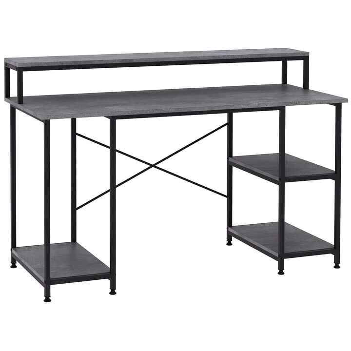 55 Inch Home Office Computer Desk Study Writing Workstation with Storage Shelves, Elevated Monitor Shelf, CPU Stand, Durable XShaped Construction, Grey Wood Grain
