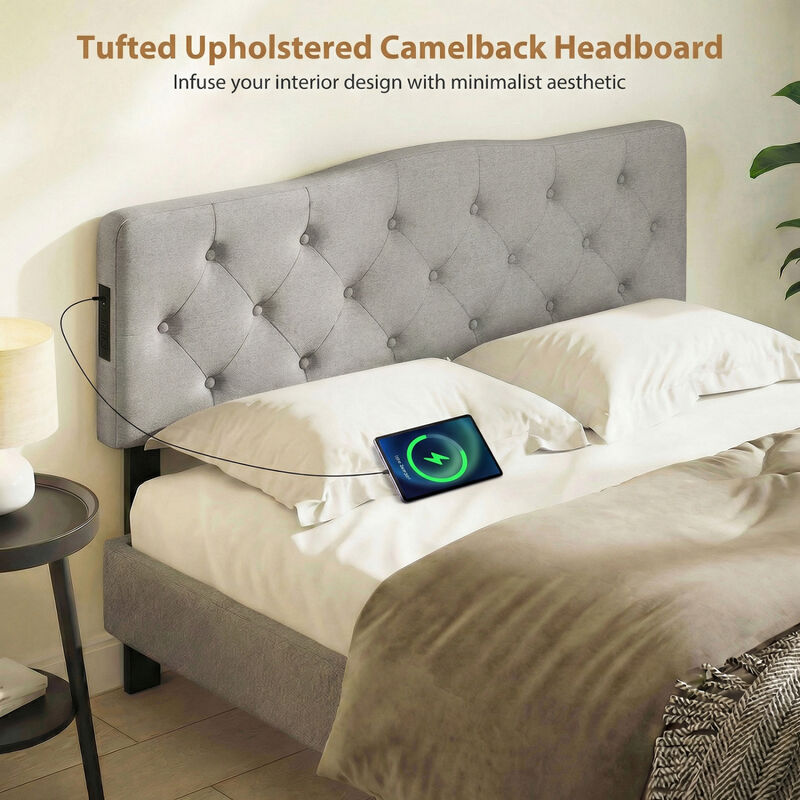 Upholstered Tufted Headboard for Full and Queen Beds with 2 Power Outlets image number 3