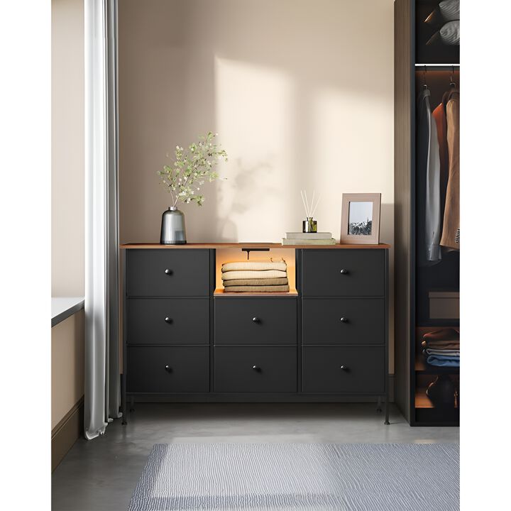 Fabric Dresser with Power Outlets & LED Lights – Stylish Chest of Drawers