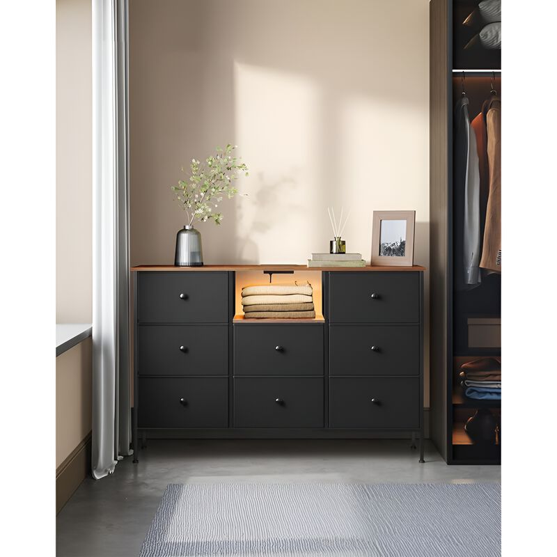 Fabric Dresser with Power Outlets & LED Lights – Stylish Chest of Drawers