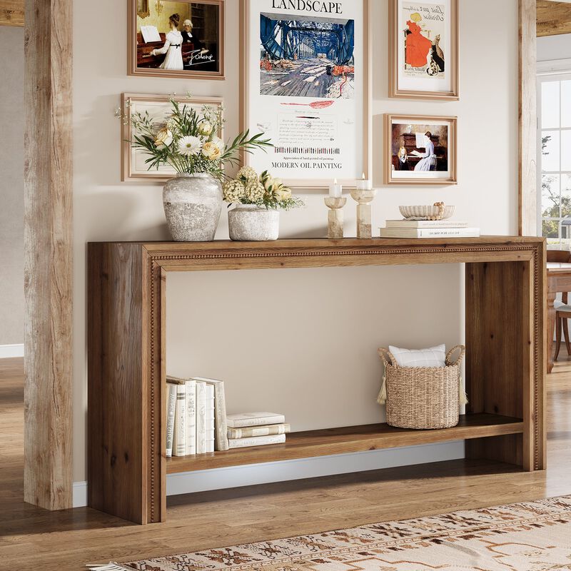 Narrow Solid Wood Entryway Console Table with 2-Tier Storage Shelf-Brown image number 5
