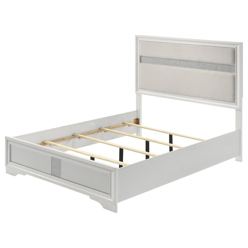 Vino Queen Size Bed, Panel Headboard White Upholstery, Glitter Stripe - Benzara