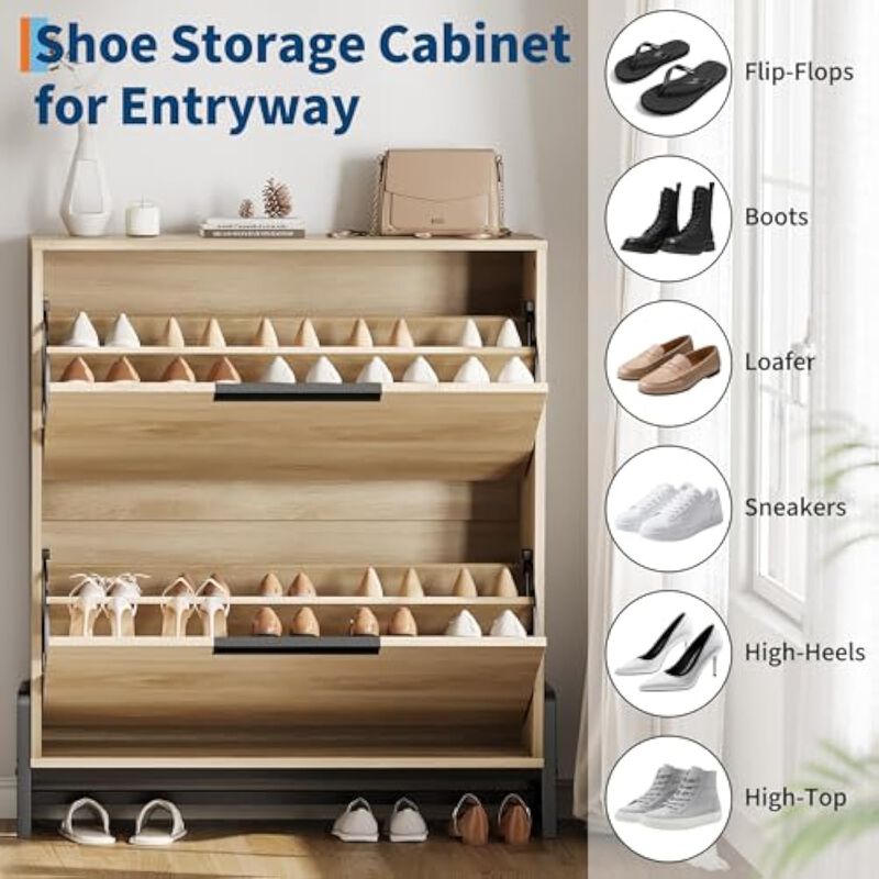 Slim Entryway Metal Shoe Storage Cabinet Flip Drawer Adjustable Space Saving Oak image number 3