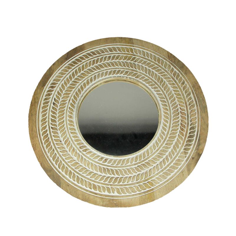 Carved Wooden Frame Round Wall Mirror 235 Inch Diameter Hand Painted Accents image number 0