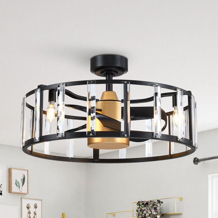 26.7 in. Matte Black Modern Caged Crystal Ceiling Fan with Light and Remote