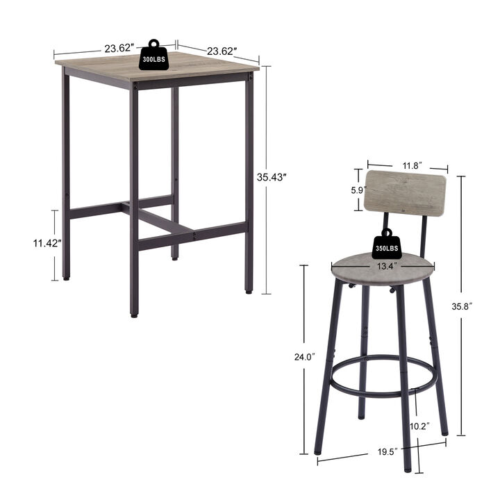 Bar Table Set with 2 Bar stools PU Soft seat with backrest, Grey，23.62’’w x 23.62’’d x 35.43’’h