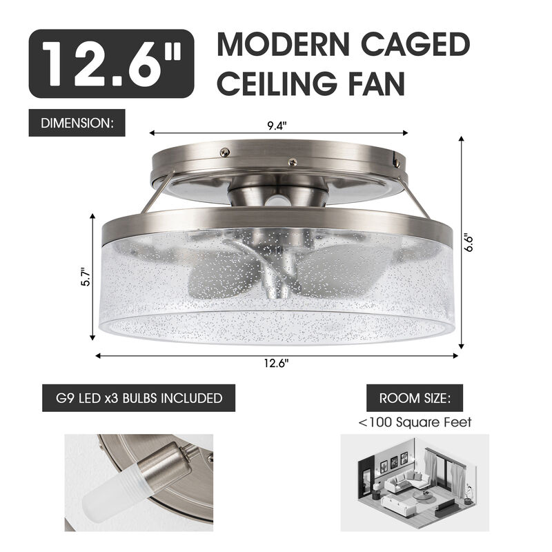 12.6" Small Satin Nickel Flush Mount Ceiling Fan with Light