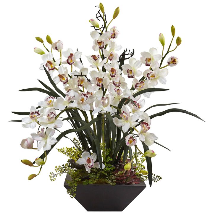 Nearly Natural 36-in Cymbidium Orchid with Black Vase