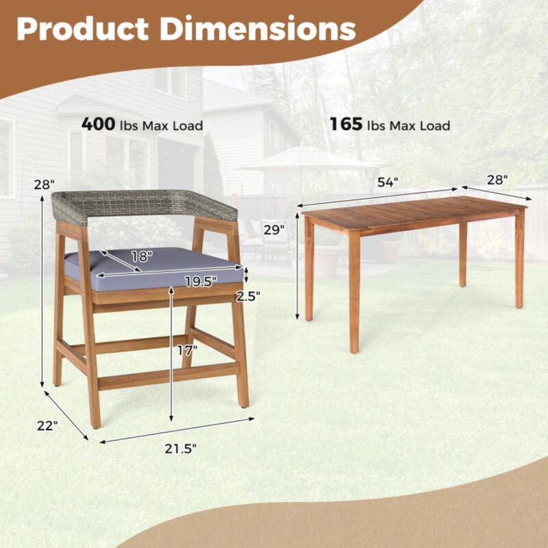 Hivvago 5 Piece Patio Dining Set Solid Wood with Rattan Backrest and Cushions