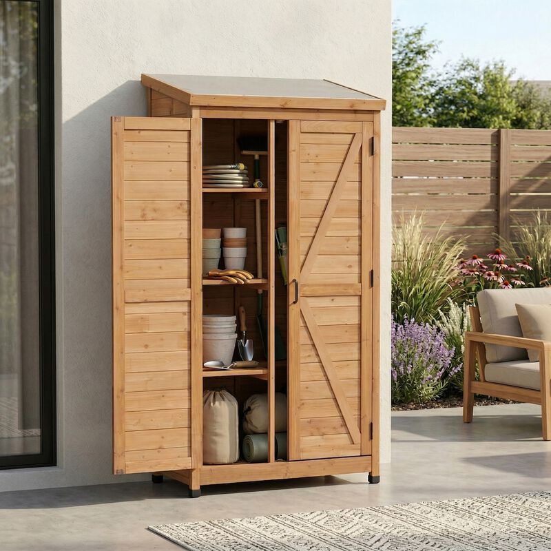 WOW PIONEER Spacious Tall Vertical Outdoor Wooden Storage Shed with Sloped Metal Top for Backyard Garden Patio Lawn Tool and Supply Organization image number 4