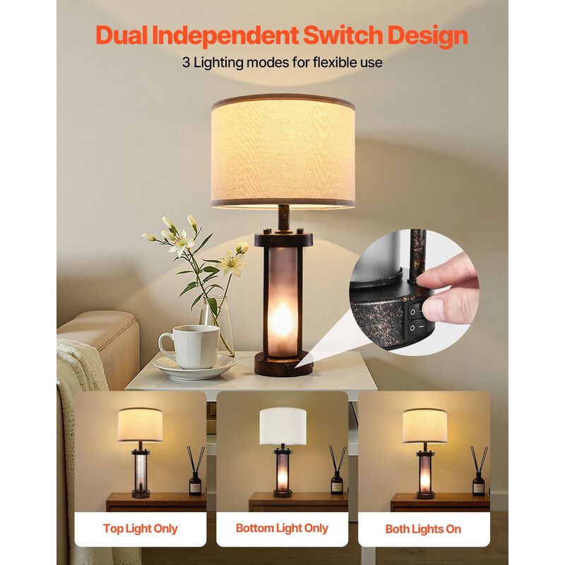 Farmhouse Bedside Table Lamps Set of 2 with Linen Shades, USB Charging Ports & AC Outlet image number 4