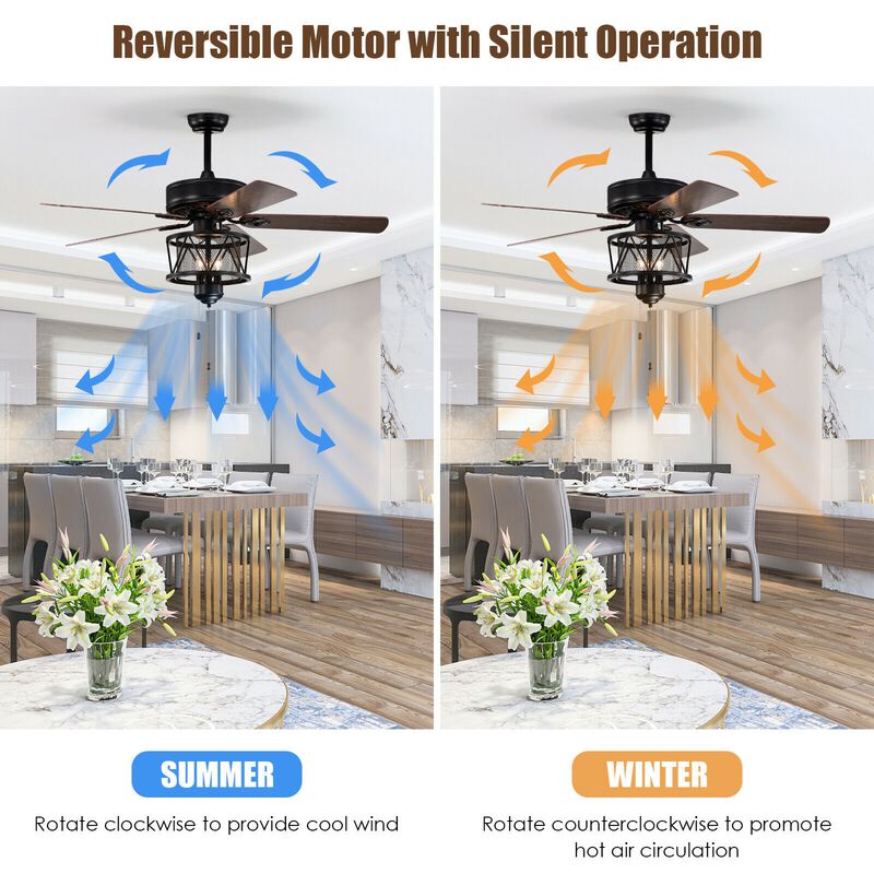 50 Inches Ceiling Fan with Lights Reversible Blades and Pull Chain Control-Black