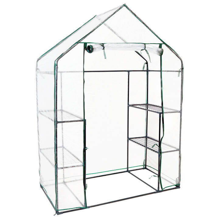 Sunnydaze Large Steel PE Cover Walk-In Greenhouse with 4 Shelves - Clear