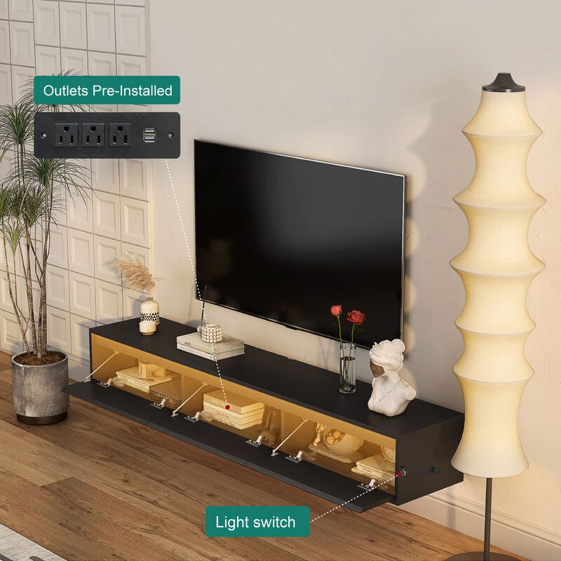 GOODSILO Floating TV Stand with LED Lights and Power Outlet, High Gloss Wall Mounted Storage Cabinet for Living Room Entertainment image number 7