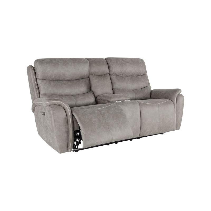 Folu Power Reclining Sofa, 76 Inch, Gray Fabric Upholstery, USB Ports - Benzara