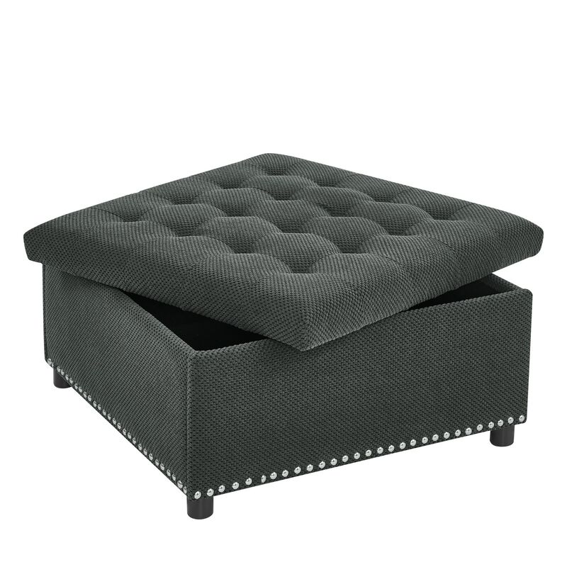 Square Storage Ottoman with Tufted Top & Nailhead Trim, Footstool, Dark Grey image number 3