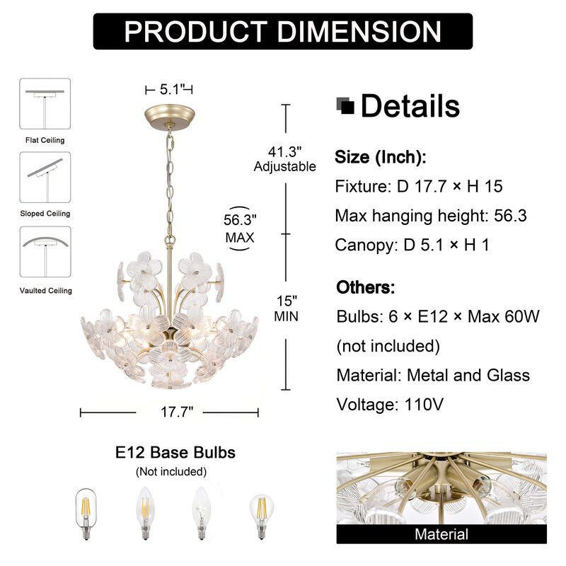 Fabiola Modern Brushed Silver-ish Champagne 6-Light 17.7" Glam Clear Glass Flower Chandelier image number 9