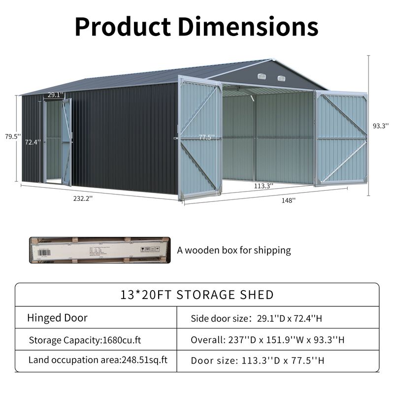 Mondawe 13x20FT 250 Sq.Ft Outdoor Metal Reinforced Frame Versatile Storage Shed