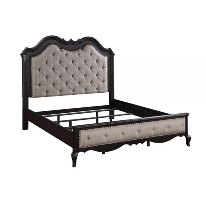 Benjara Chery Queen Size Bed with Button Tufted Headboard, Upholstery, Beige, Black