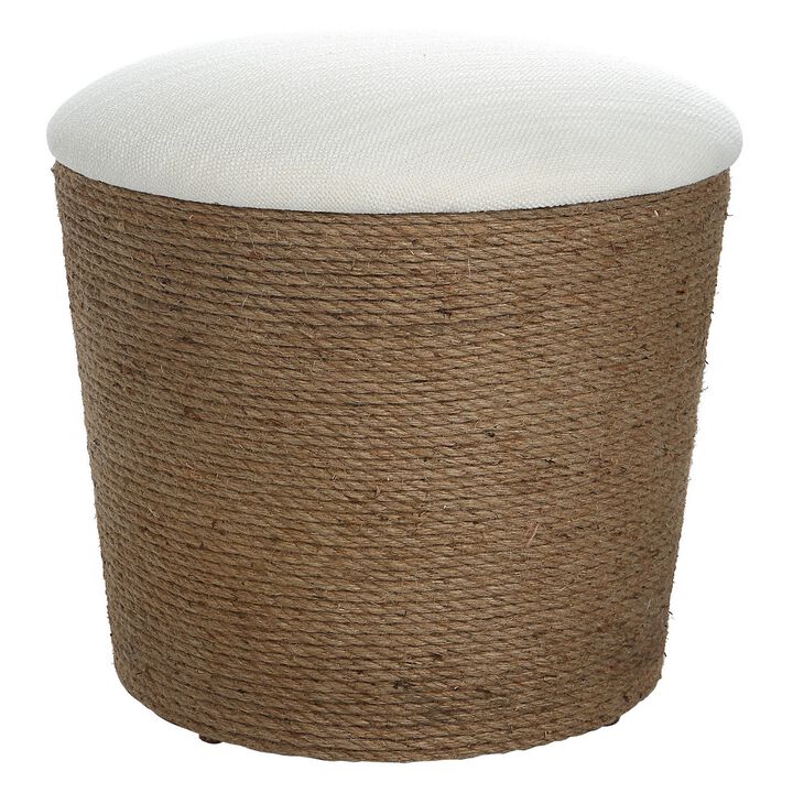 18 Inch Classic Storage Accent Ottoman, Rope Wrapped Base, Off White, Brown-Benzara