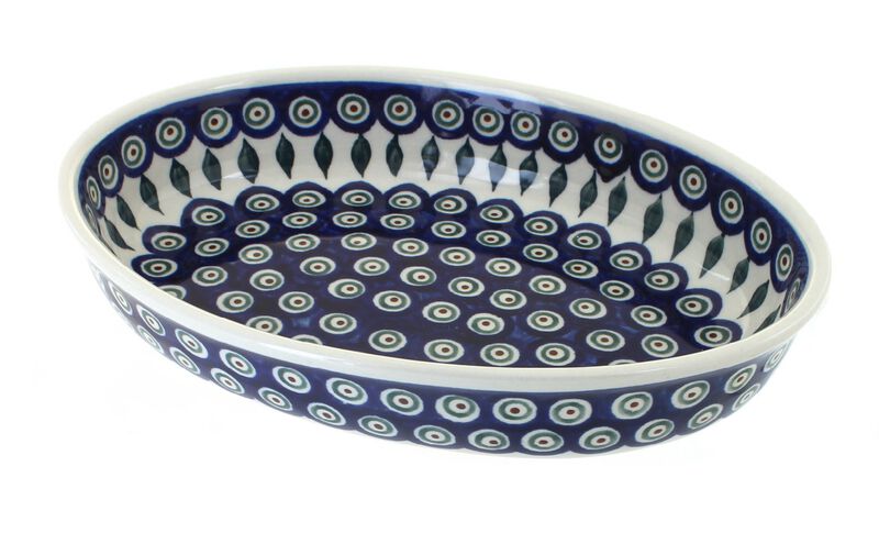 Blue Rose Polish Pottery Peacock Small Oval Baker