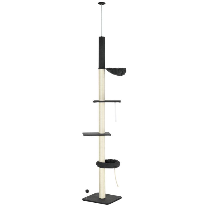 Floor To Ceiling Cat Tree, 5-Tier Cat Climbing Tower, 95''-106'' Height Adjustable with  Hammock, Scratching Post & Toy Ball, Black/Cream