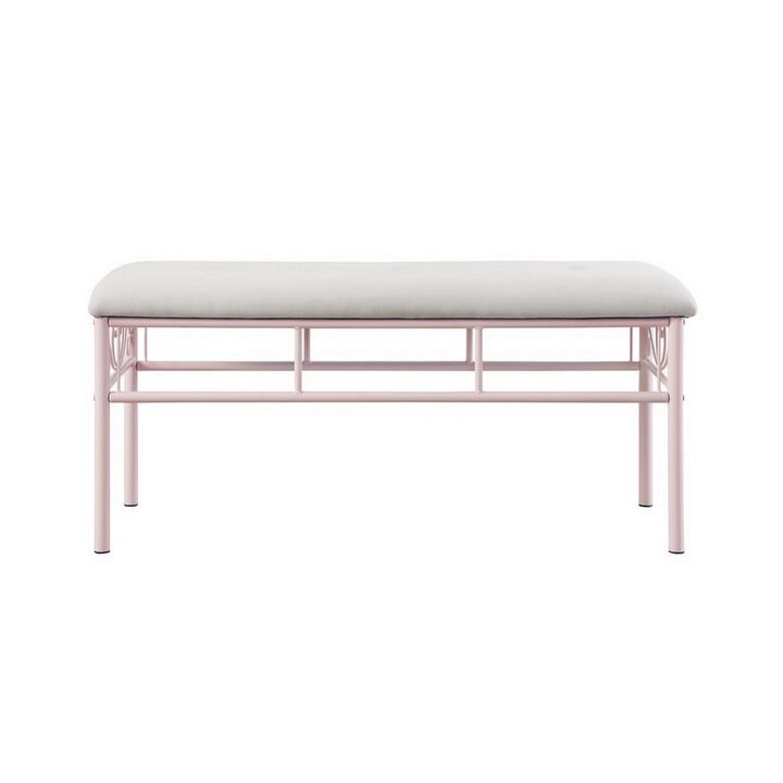 Metal Bench with Padded Seating and Scrolled Accents, Pink and Gray- Benzara