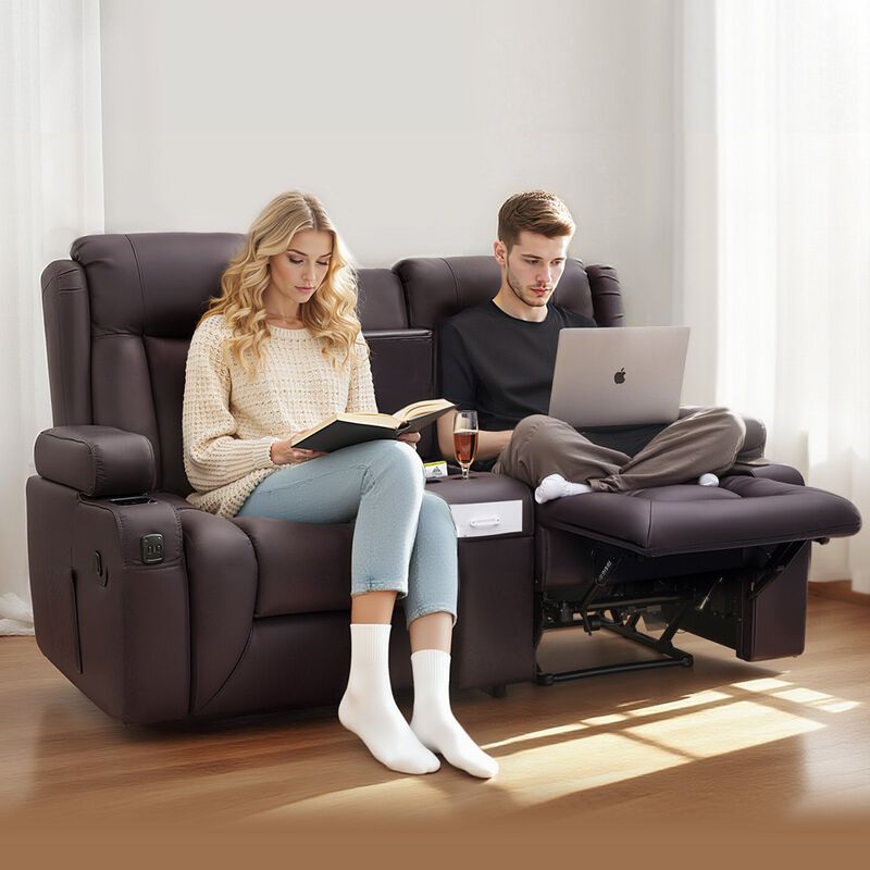 Loveseat Recliner Sofa, Manual PU Leather Couch with Console, USB & Cup Holders image number 1