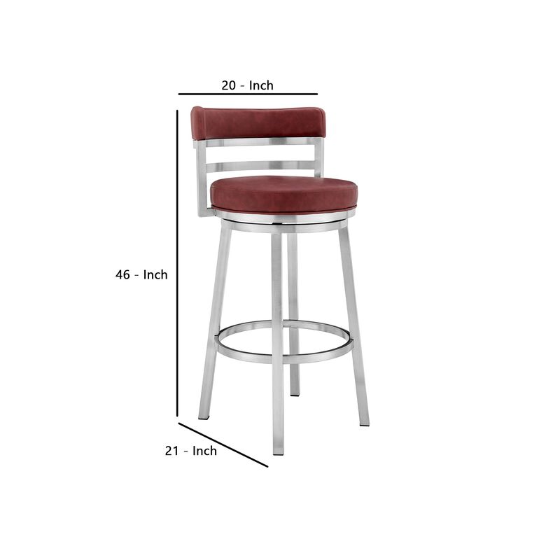 30 Inch Leatherette Counter Height Barstool, Silver and Red-Benzara