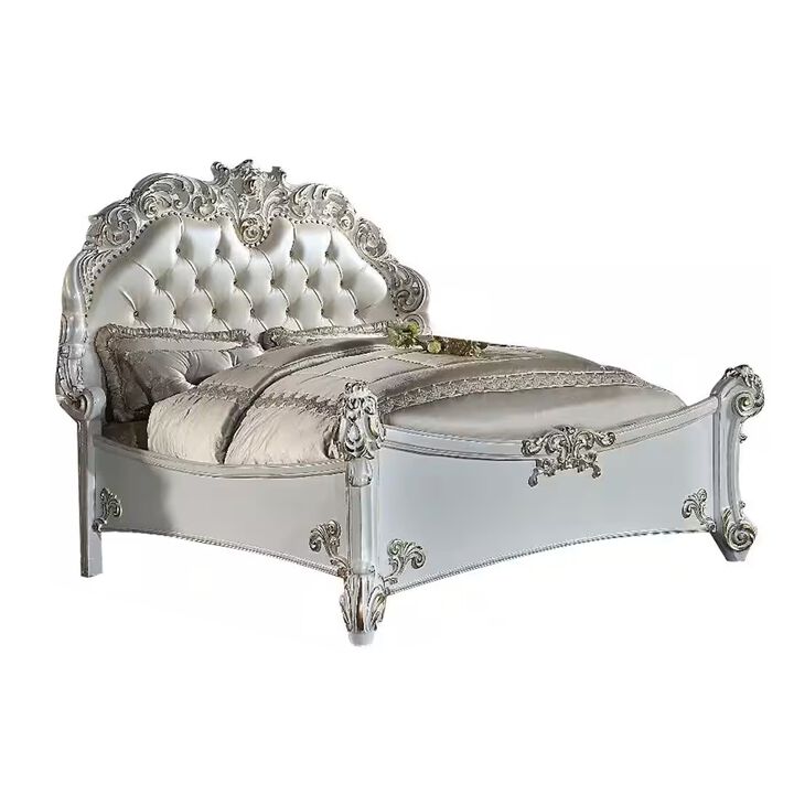 Antoine King Bed, Classical Style, White Faux Leather Victorian Carved