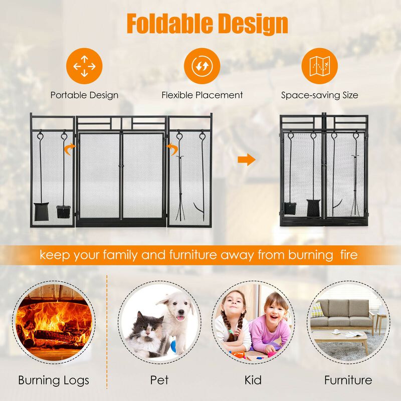 3-Panel Folding Wrought Iron Fireplace Screen with Doors and 4 Pieces Tools Set-Black image number 2