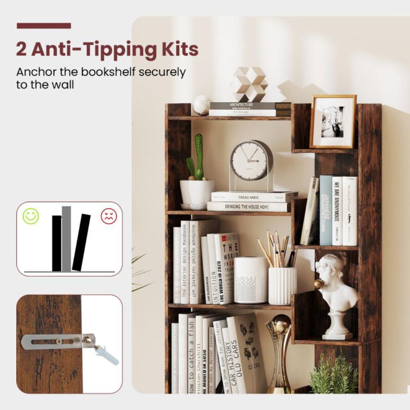 Hivvago 6-Tier Bookshelf Wooden Bookcase with 2 Anti-Tipping Kits Open Display Shelf