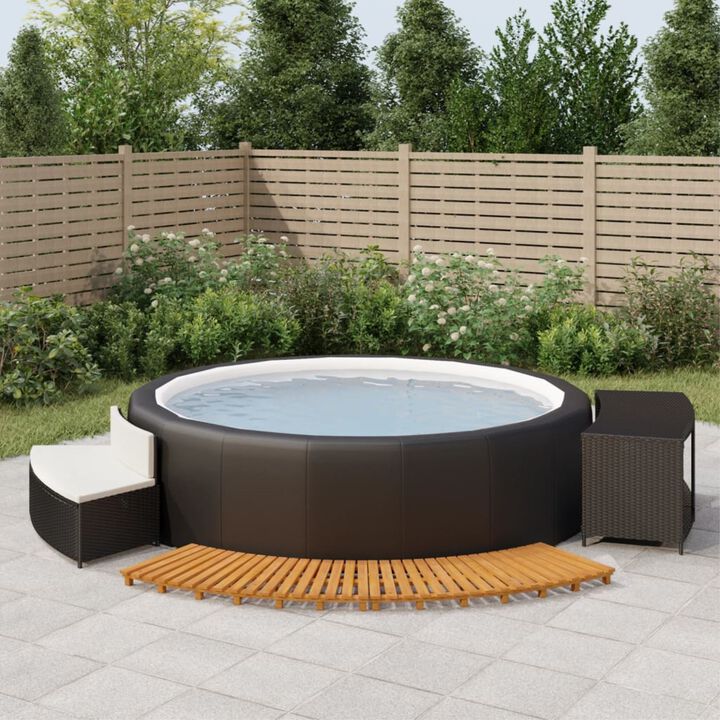 vidaXL Stylish Hot Tub Surround with Built-in Storage, Spa Bench and Spa Step, Made of Durable Black Poly Rattan and Solid Acacia Wood