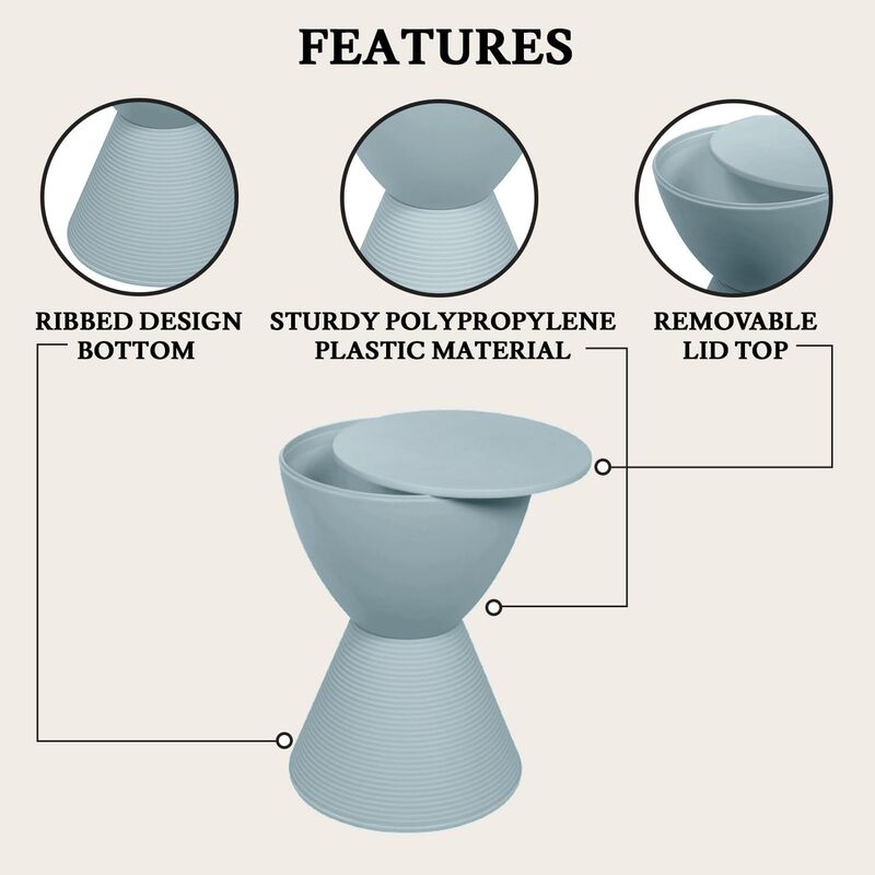 LeisureMod Modern ABS Shell Ribbed Hourglass Accent Drum Side Table with Removable Lid for Storage Indoor and Outdoor Use