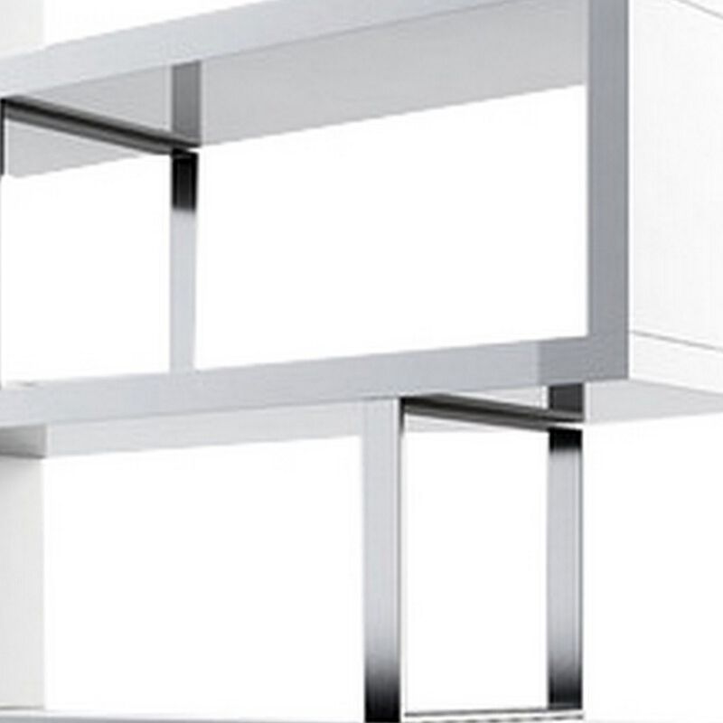 Gina 67 Inch Modern Bookshelf, 4 Tier Alternating S Shape, White and Chrome-Benzara