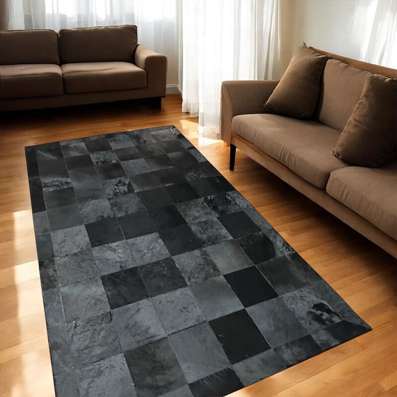 Black Square Checkered Cowhide Patchwork Rug image number 4