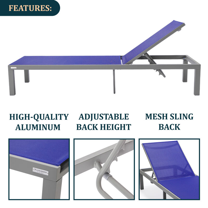 LeisureMod Marlin Modern Black Aluminum Outdoor Patio Chaise Lounge Chair in Grey Frame with Square Fire Pit Side Table