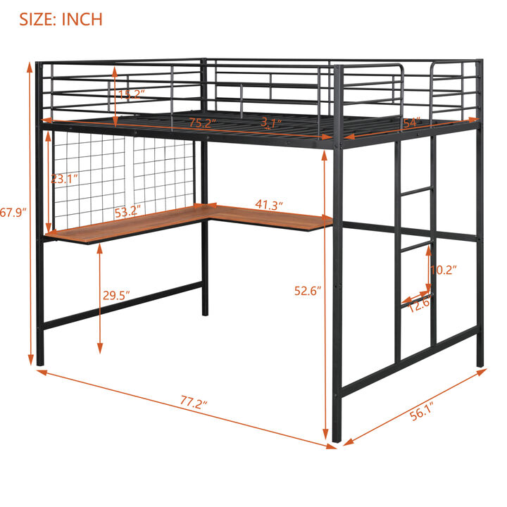 Full Metal Loft Bed with Desk and Metal Grid, Black
