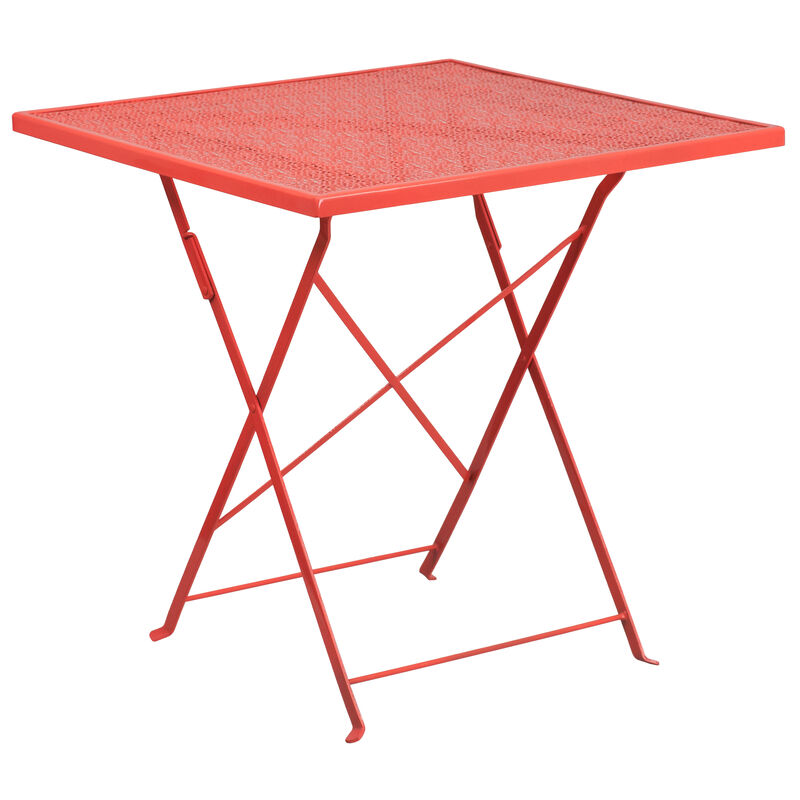 Flash Furniture Commercial Grade 28" Square Coral Indoor-Outdoor Steel Folding Patio Table Set with 4 Square Back Chairs